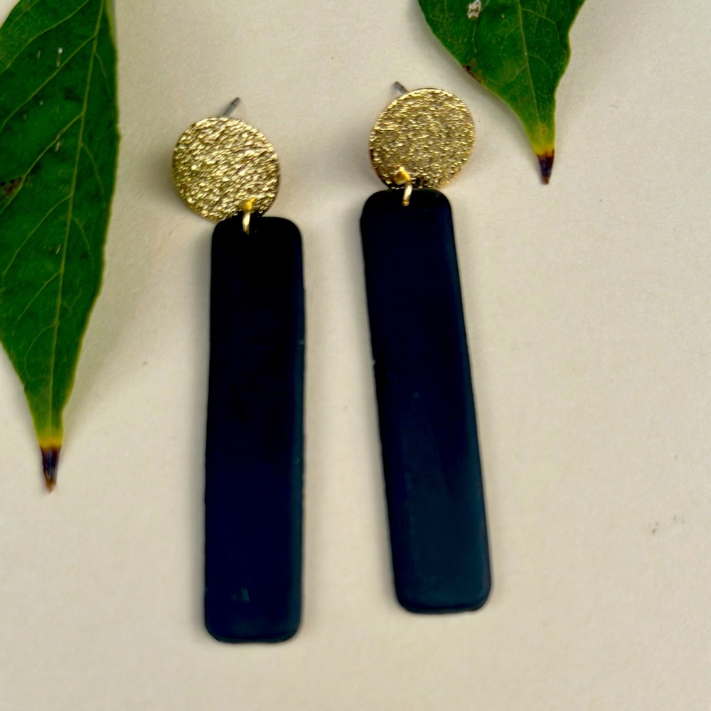 HandMade Polymer Clay Earrings in Black long length with Gold Embellishment